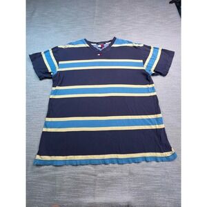 Y2K Tommy Jeans Mens Large V-Neck Striped T-Shirt Navy Blue Yellow Vintage Logo
